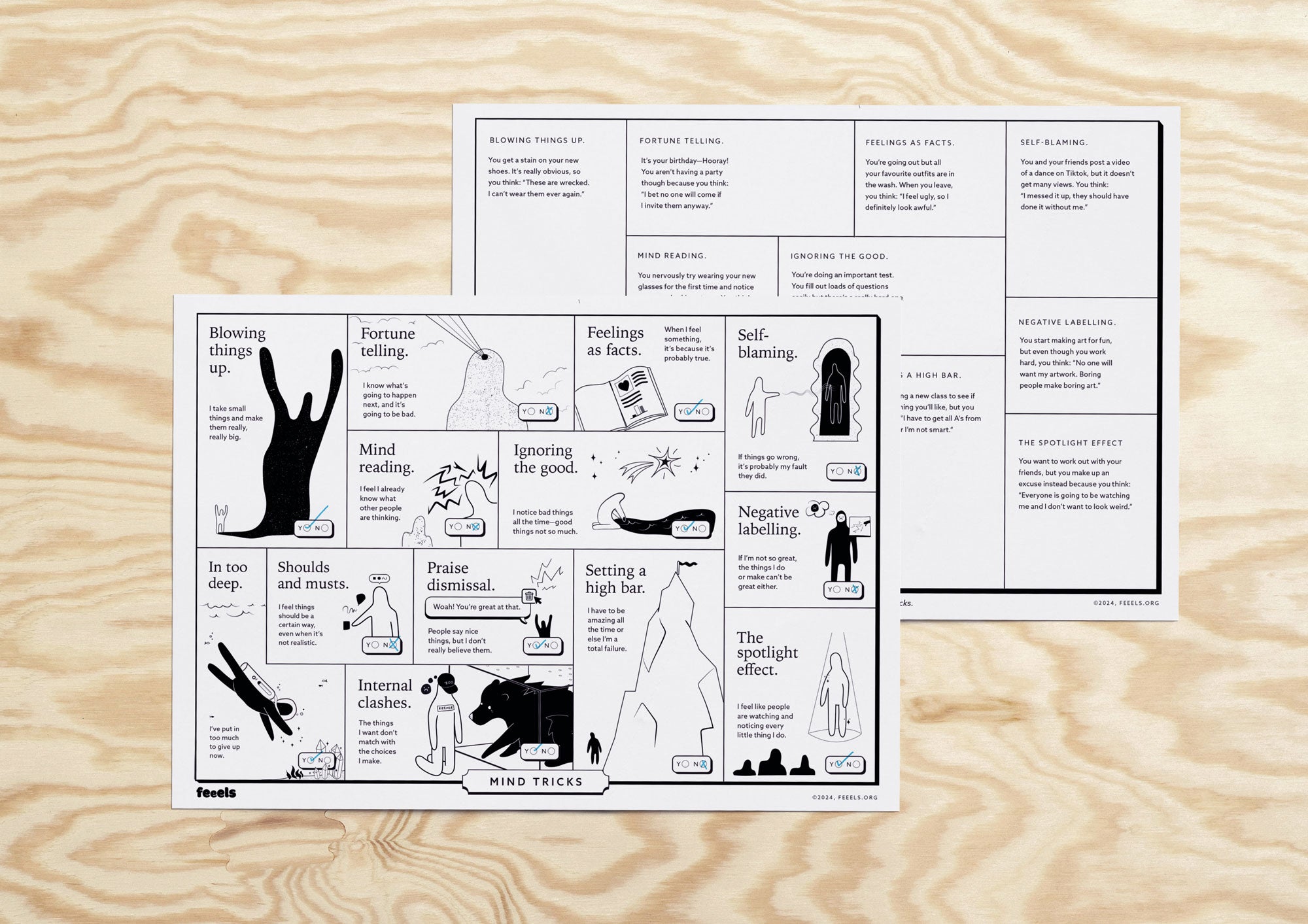 Printed worksheet on Cognitive Distortions and thinking patterns for therapy psychology aide illustrated infographic on a surface, PDF for download 
